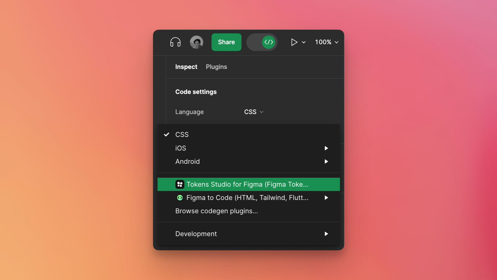 Selecting Tokens Studio for Figma Plugin as Language in Dev mode